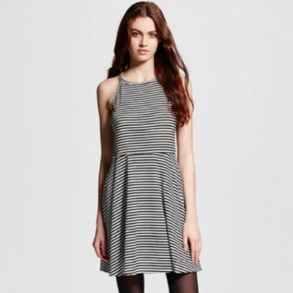 Mossimo Striped Halter Ribbed Fit & Flare Skater Black White Striped Dress xs